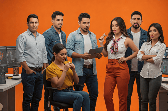 A diverse team of digital marketers working in an office.
