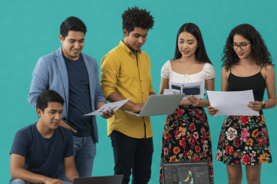 A team of Latin American marketing professionals working in an office.