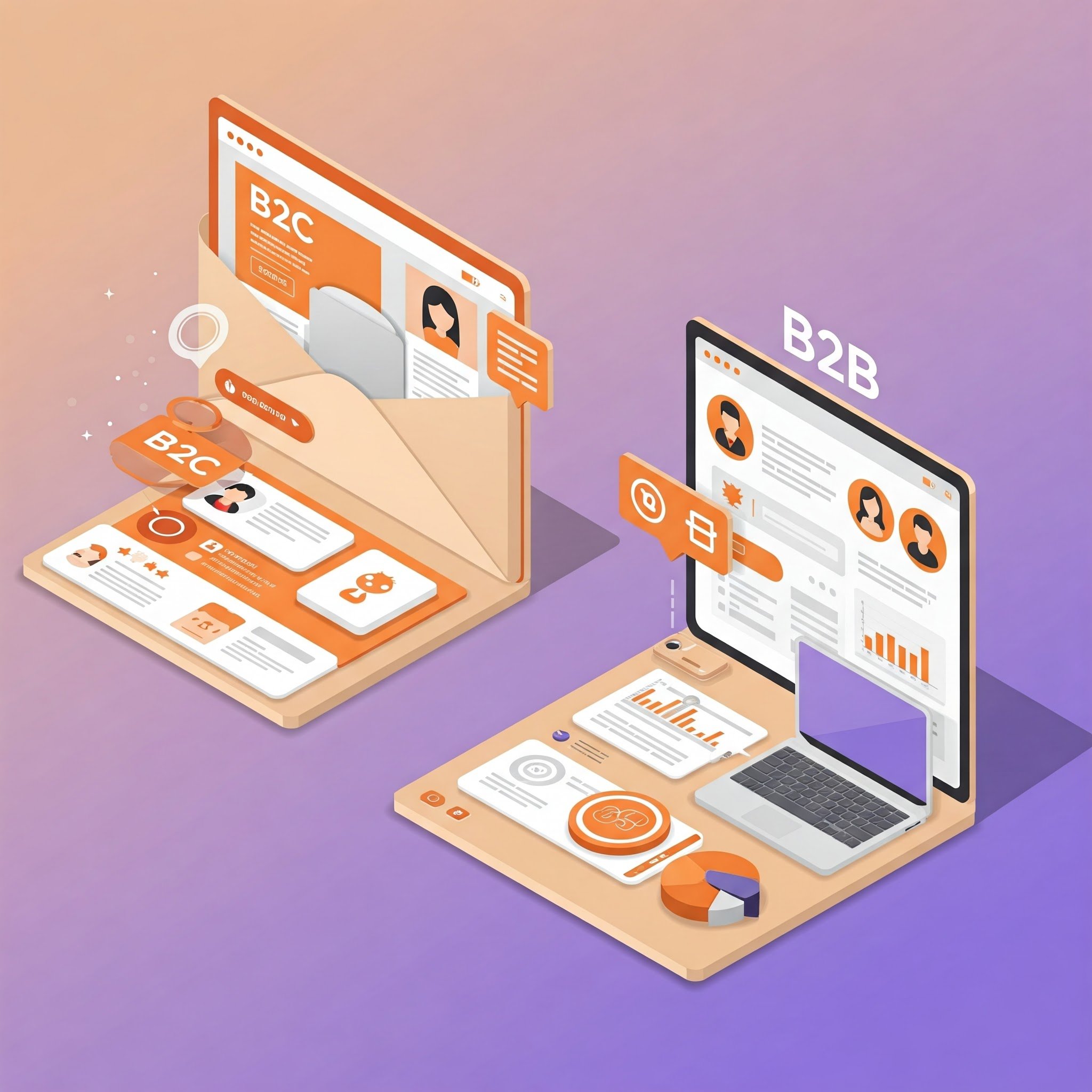 Alt-text: An illustration of two laptops displaying a B2C and a B2B email template, respectively.
