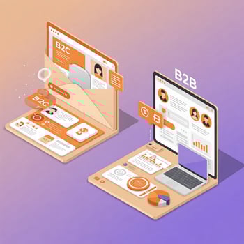 An illustration of two laptops displaying a B2C and a B2B email template, respectively.
