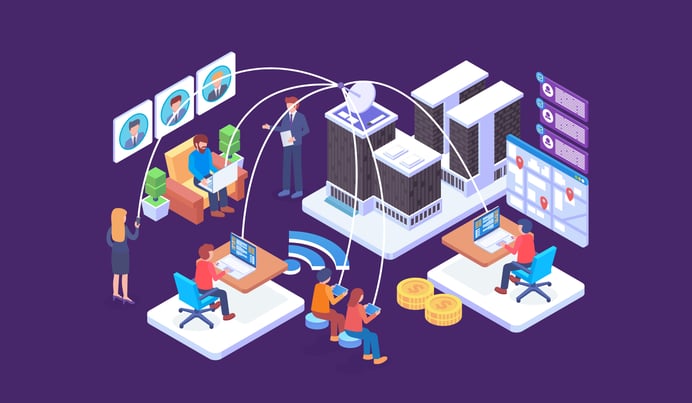 Illustration depicting a network of people connected by lines to abstract building shapes, computers, and data elements, symbolizing communication, technology, and business processes.