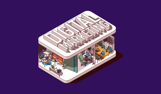 Digital marketing illustration with a 3D isometric view of an office space against a purple background.