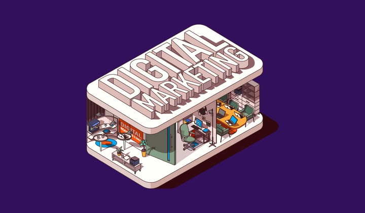 Digital marketing illustration with a 3D isometric view of an office space against a purple background.