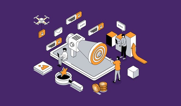 Digital marketing illustration with a megaphone, people, and digital icons over a purple background.