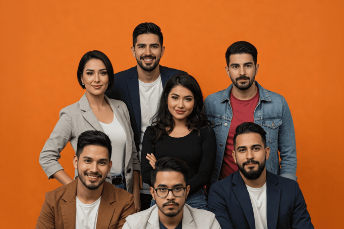 Group of seven young digital marketing professionals in business casual attire against an orange background.