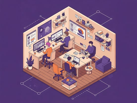 An isometric illustration of a digital marketing team working in an office over a purple-colored background.