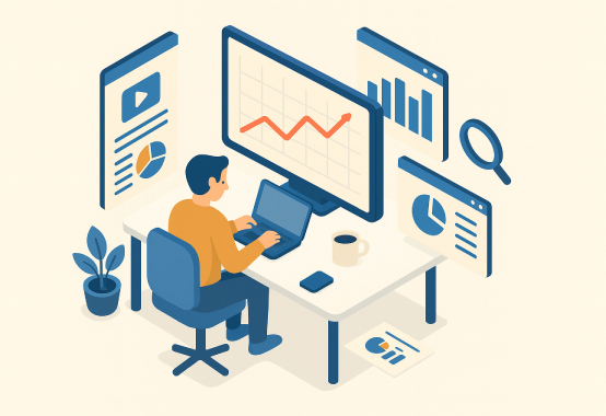 Illustration of an offshore data analyst working on marketing dashboards and performance reports on a computer.