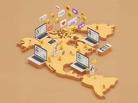 An illustration of the American Continent, with laptops and smartphones spread all over the territory. Different emojis and graphs float around it, depicting growth and satisfaction.
