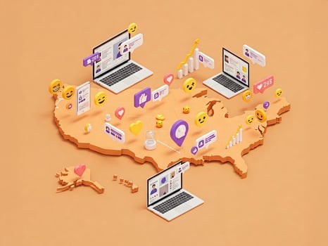 An isometric illustration of the American Continent, with various electronic devices, emojis, and graphs on top of it.