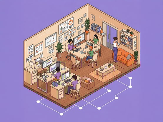 An isometric illustration of an offshore social media marketing team working in an office.