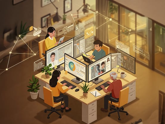 An illustration of a diverse team of digital marketing professionals in LATAM working in an office.