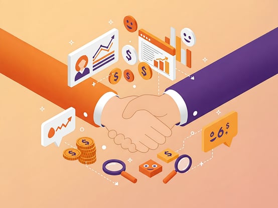 An illustration of two hands sealing a deal, surrounded by graphs and stats depicting growth.