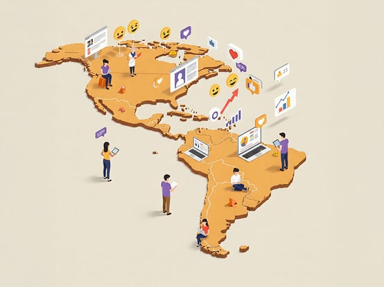 Digital marketing illustration of the American Continent, with people and digital icons depicting growth.