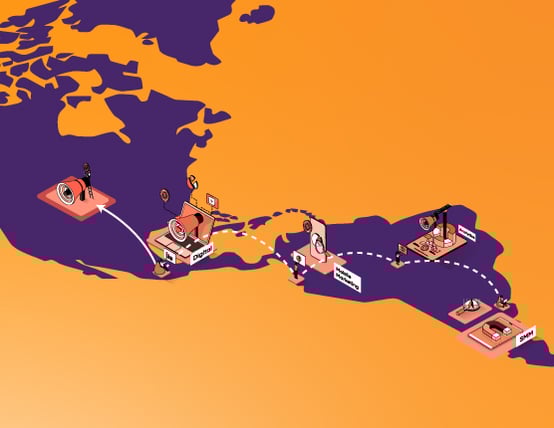 A map of the American continent, depicting businesses and offices on its surface.