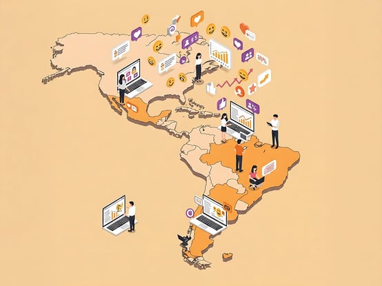 Digital marketing illustration of the Americas with people and digital icons.