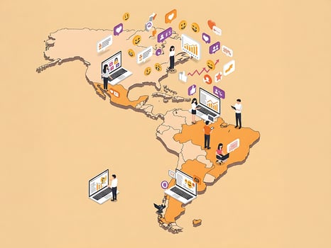 Digital marketing illustration of the Americas with people and digital icons.