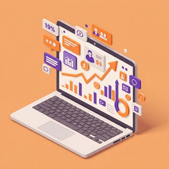 An illustration of a laptop. On screen, multiple graphs and numbers depict digital demand growth.