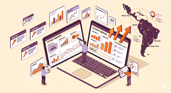 Meta Ads Post ID scaling isometric illustration showing campaign continuity and algorithm signals