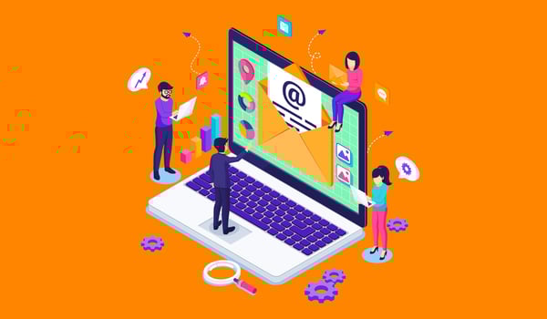 A laptop with an email notification on the screen and various elements depicting digital marketing KPIs.