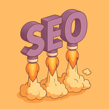 An illustration of the word "SEO" launching off the ground with rocket ship propulsors.