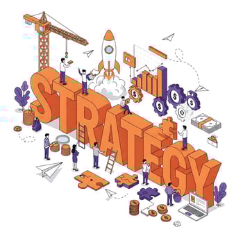 An illustration of the word "strategy" being built from the ground up by a team of digital marketers.