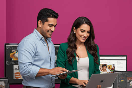 Two professional, Latin American digital marketers working in an office.