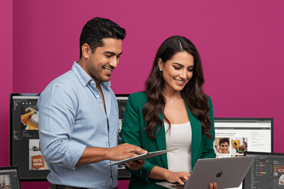 Two professional, Latin American digital marketers working in an office.