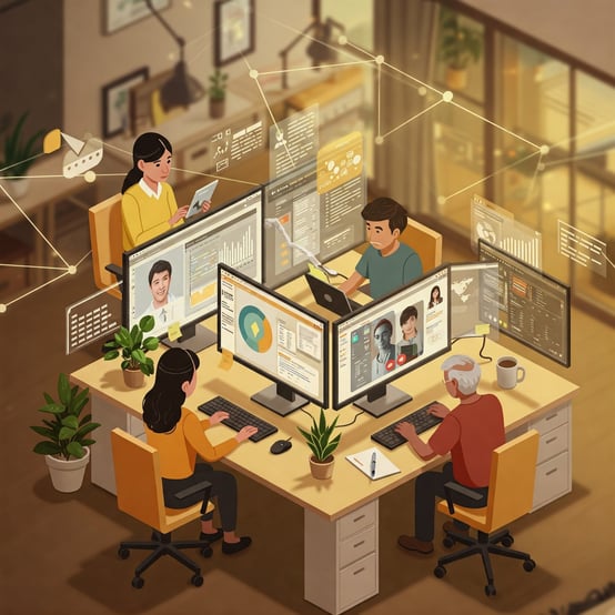 An illustration of a diverse team of digital marketing professionals in LATAM working in an office.