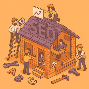 Illustration of a marketing team building a house with letters and tools. On the roof, the word "SEO" is displayed prominently.