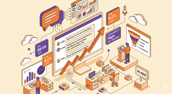 ChatGPT advertising analytics dashboard showing campaign metrics, funnel chart, and chat-to-conversion flow