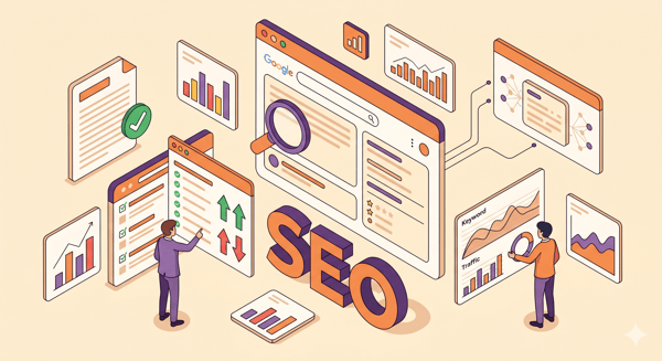 AI search SEO isometric illustration showing a browser with AI Overviews panel, ranking signals and a content quality card