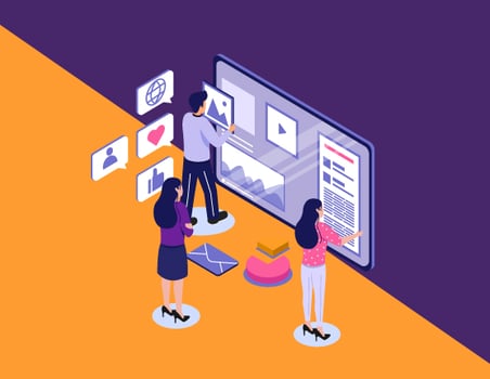 Isometric illustration of digital marketers analyzing content performance and social media metrics on a large interactive screen.