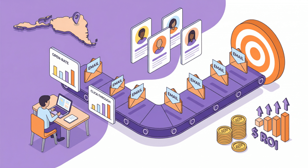 offshore email marketing isometric illustration showing campaign pipeline, envelope icons, and performance dashboard