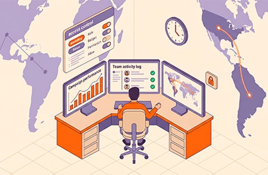 Isometric illustration of a marketing manager at a central desk with three monitors showing campaign dashboards, a team activity log, and a US-to-Latin America connection map, representing full oversight of an offshore marketing team.