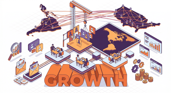 remote digital marketing agency isometric illustration showing distributed team collaboration, channel icons, and growth metrics