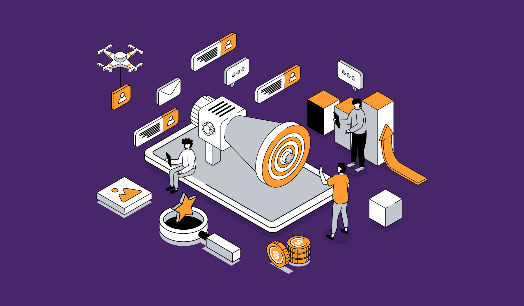 Digital marketing illustration with a megaphone, people, and digital icons over a purple background.