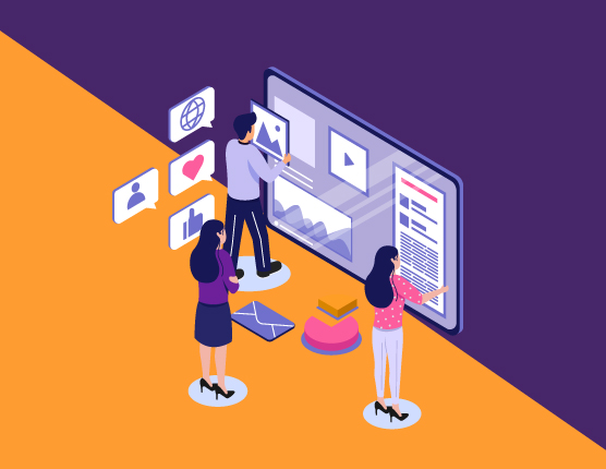 Isometric illustration of digital marketers analyzing content performance and social media metrics on a large interactive screen.